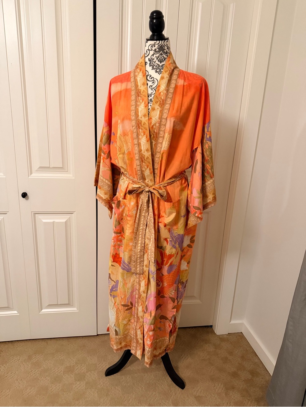 For Love Bell Mermaid Print Silk Feel Maxi Kimono Robe Orange O/S